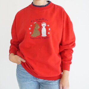 Vintage Red Grandmacore Embroidered Dog And Cat Crewneck Sweater XL
